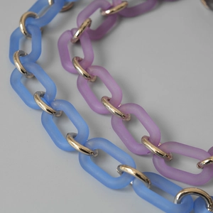 Close-up of matte acrylic chunky chain straps in sky blue and lavender with metal rings