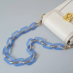 Detail view of glacial blue acrylic chunky chain on white leather bag with gold lock