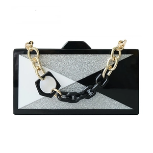 Damen Acryl Abendtasche Clutch Geometrisches Patchwork Schwarz Weiß Glitzer Hartschale Hochzeit Party Bankett Handtasche Crossbody Box Tasche