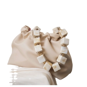 Fashionable beige pleated cloud clutch bag with marble resin square chain strap