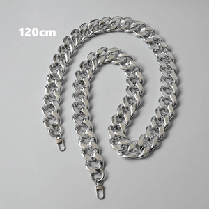 Polished silver metal curb chain strap with lobster clasps, 120cm length for handbags