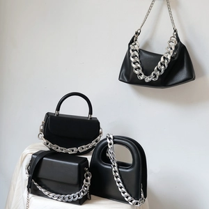Collection of black PU leather bags featuring chunky silver metal chain straps