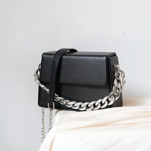 Chic black matte leather square shoulder bag with bold silver metal chain and thin strap