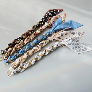 Five assorted silk scarf woven metal chain handles for handbags with gold spring clasps