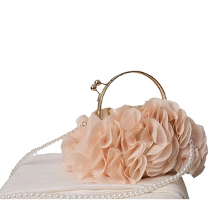 Elegant champagne gold floral evening bag with pearl chain strap and metal handle