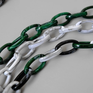 Macro detail of acrylic resin chains featuring marble textures in green, white and black