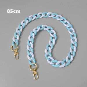 Detail of 85cm blue and white acrylic fishbone bag chain with gold spring clasps