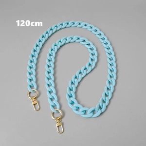 Close-up of a 120cm light blue acrylic fishbone link chain with gold metal lobster clasps