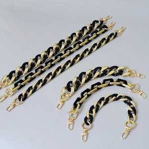 Retro Grobe Acryl Harz Taschengurt Kette Schwarz Gold Spliced Ersatz Schultergurt Für Handtasche Handyhülle Damen