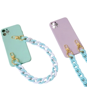 Blue acrylic fishbone chain strap with mint green and lavender purple phone cases