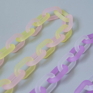 Dettaglio di maglie di catena in acrilico opaco giallo rosa e viola per borse a mano