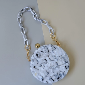 Retro round acrylic clutch bag with marble pattern and gold metal chain strap