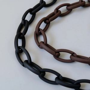 Detail of matte acrylic chain strap in black and coffee with oval ring links