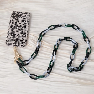 Chunky acrylic chain strap for phone cases with black white floral print on velvet fabric