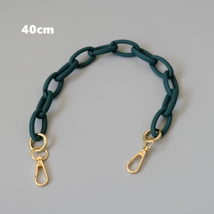 Close-up of 40cm dark green matte resin handbag chain with gold metal lobster clasps
