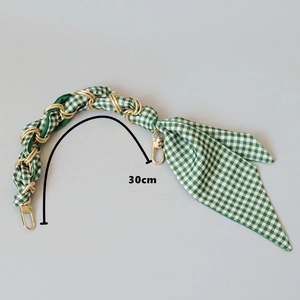 30cm stylish green and white checkered silk scarf bag chain with golden lobster clasps