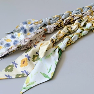 Silk scarf wrapped gold metal chain straps for handbags with four assorted floral prints