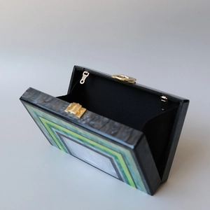 Elegant green striped acrylic box clutch evening bag with marble texture and gold clasp