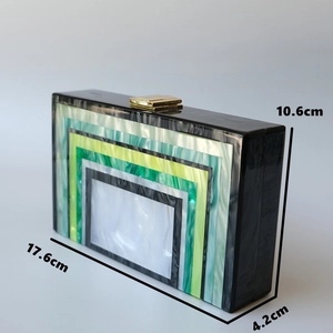 Green striped acrylic marbled clutch bag for evening party with gold metal clasp