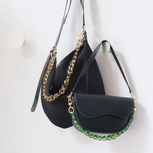Black matte leather crescent shoulder bags with colorful acrylic fishbone resin chains