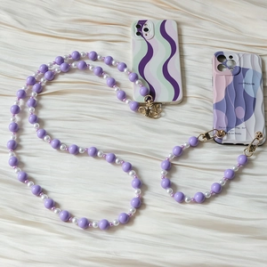 Cordons de téléphone en perles acryliques violettes et blanches avec fermoirs dorés