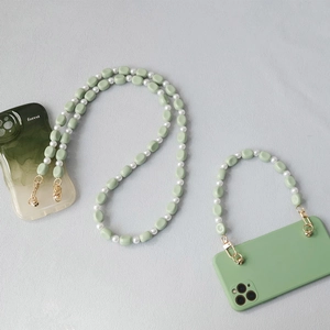 Pastel green acrylic bead phone strap set with crossbody long chain and short hand wristlet