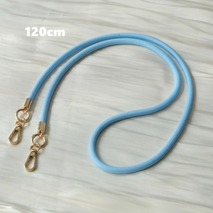 Detail of 120cm light blue braided phone lanyard with high-quality gold lobster clasps