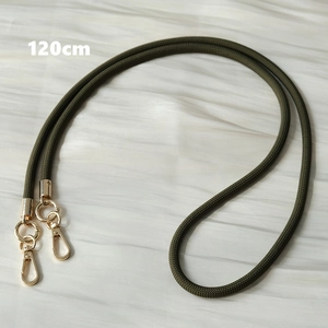 Detail view of 120cm olive green braided phone strap with golden metal lobster clasps