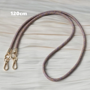 Detail of 120cm purple and tan braided strap with gold metal lobster clasps