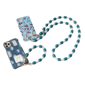 Candy-colored acrylic beaded phone strap with denim and ink-patterned cases set