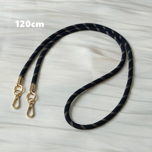 Detail of 120cm navy blue and gold braided phone strap with gold rotating metal hooks