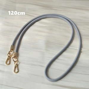 Detail view of 120cm gray woven phone strap featuring polished golden lobster clasps