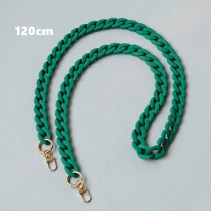 Detail view of 120cm green frosted acrylic bag strap with gold metal lobster clasps