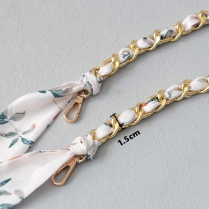 Elegant gold chain shoulder strap with floral silk ribbon and metal hooks for handbags