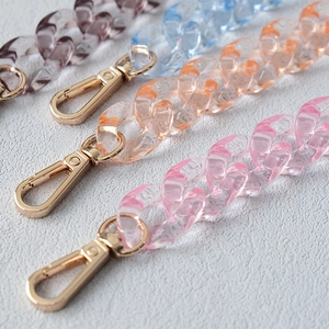 Detail view of colorful translucent acrylic resin chains with gold metal lobster clasps