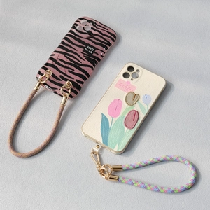 Coque de téléphone à imprimé floral tulipe avec cordon bandoulière tissé élégant