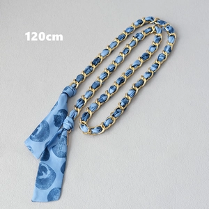 120cm blue silk scarf interwoven with gold chain strap for stylish handbags