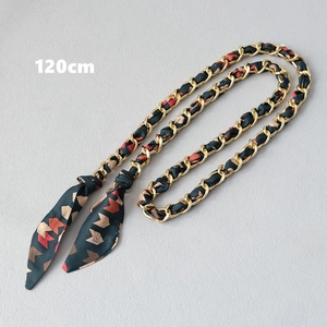 Detailed 120cm golden metal chain interwoven with a tricolor silk scarf for handbags