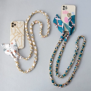 Chic silk scarf woven gold chain phone strap with elegant oversized bow charms