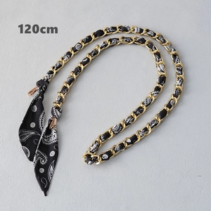 Detailed 120cm gold chain strap interwoven with black and white paisley silk scarf