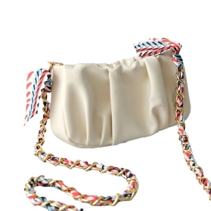 Cream pleated cloud crossbody bag with gold chain and silk scarf woven strap detail