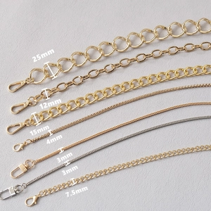 Fashion gold and silver metal bag chains in various widths with lobster clasps