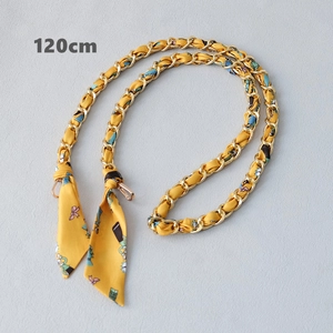 Detailed 120cm gold chain strap interwoven with yellow cartoon print silk scarf and clasps