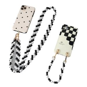 Elegante cinturino per cellulare con perline bianche e nere e cover per iPhone