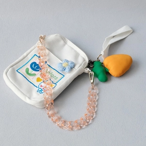 White canvas small purse with tulip embroidery, orange carrot charm and acrylic chain