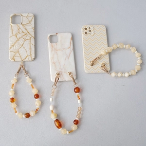 Acrylic bead phone chain strap with marble pattern case and metallic lobster clasp