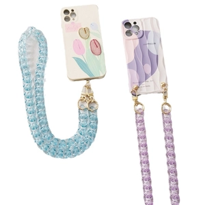 Coques de téléphone avec broderie tulipe et motif vagues avec chaîne en acrylique colorée