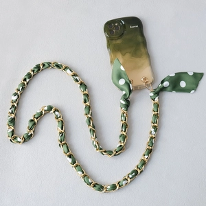 Green polka dot silk scarf chain strap with forest gradient phone case set