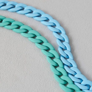 Detailed macro view of sky blue and mint green matte acrylic curb chains for handbags
