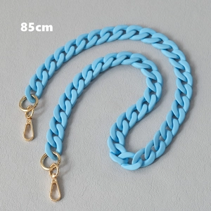 Detail of 85cm sky blue matte resin chain strap with golden metal lobster clasps